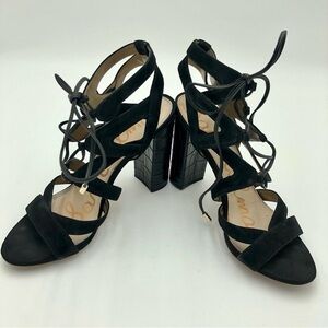 Sam Edelman Black Suede Yardley Lace Up Strappy Cage Block Heels Size 10